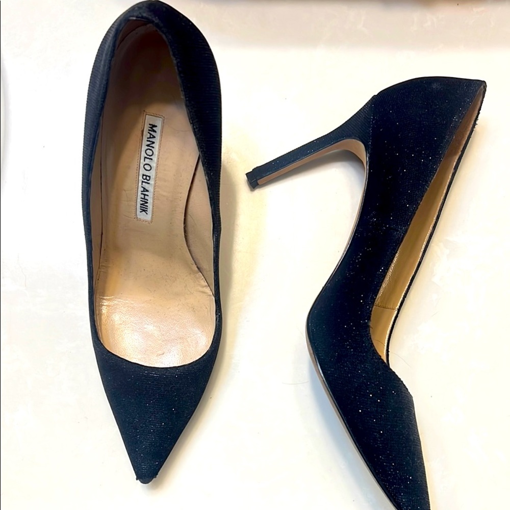 Manolo Blahnik Black Sparkling Pointed-Toe Heels